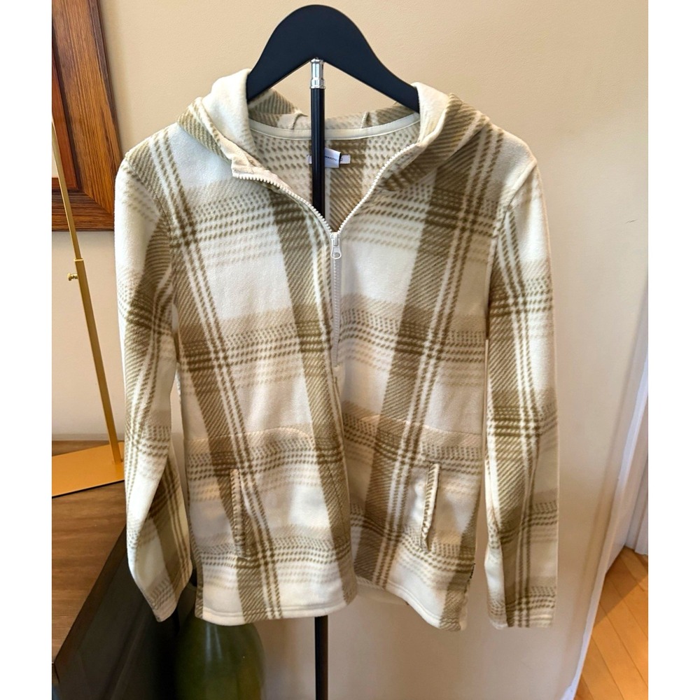 O'Neill Women's Plaid Fleece Jacket Hooded Full Zip Beige White Size S